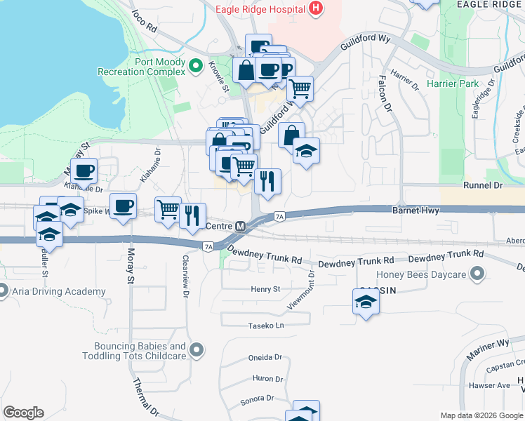 map of restaurants, bars, coffee shops, grocery stores, and more near in Port Moody