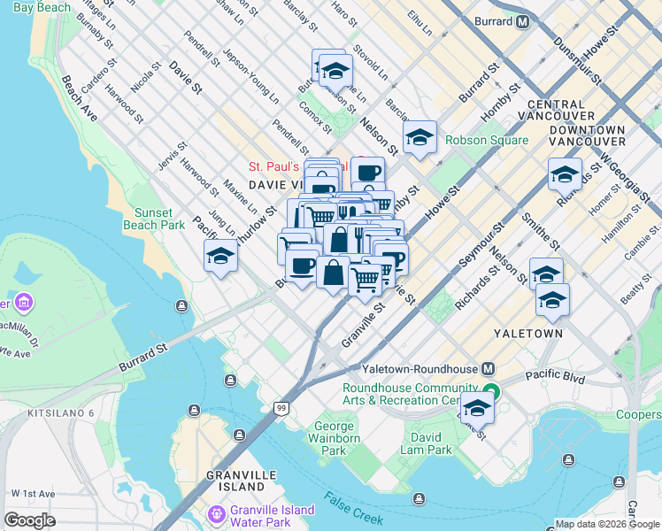 map of restaurants, bars, coffee shops, grocery stores, and more near 1281 Hornby Street in Vancouver