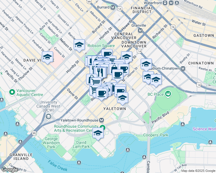 map of restaurants, bars, coffee shops, grocery stores, and more near 1002 Richards Street in Vancouver