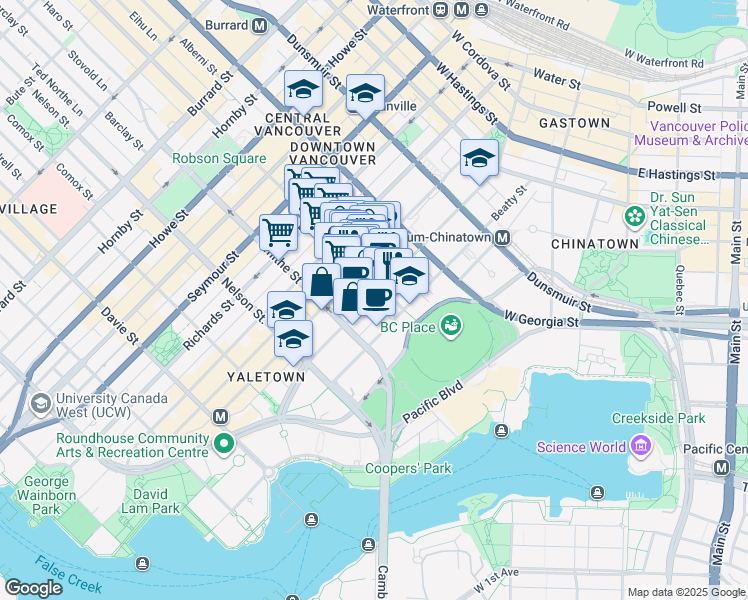 map of restaurants, bars, coffee shops, grocery stores, and more near 828 Cambie Street in Vancouver