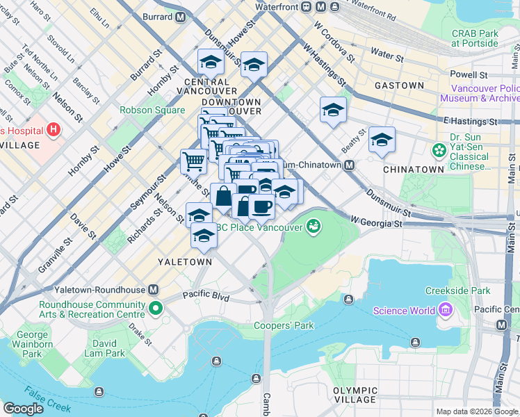 map of restaurants, bars, coffee shops, grocery stores, and more near 828 Cambie Street in Vancouver