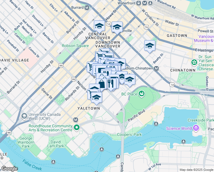 map of restaurants, bars, coffee shops, grocery stores, and more near 898 Hamilton Street in Vancouver