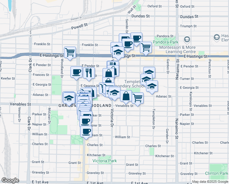map of restaurants, bars, coffee shops, grocery stores, and more near 780 Victoria Drive in Vancouver