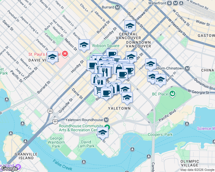 map of restaurants, bars, coffee shops, grocery stores, and more near 1001 Richards Street in Vancouver