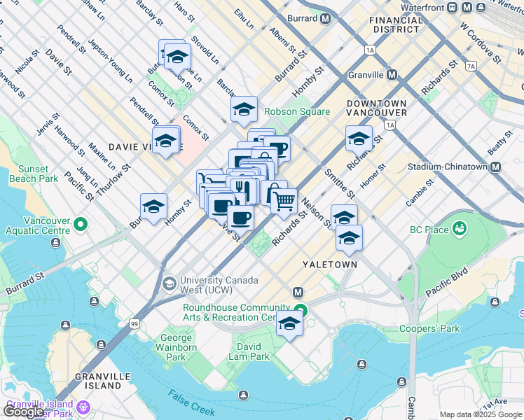 map of restaurants, bars, coffee shops, grocery stores, and more near Helmcken Street in Vancouver