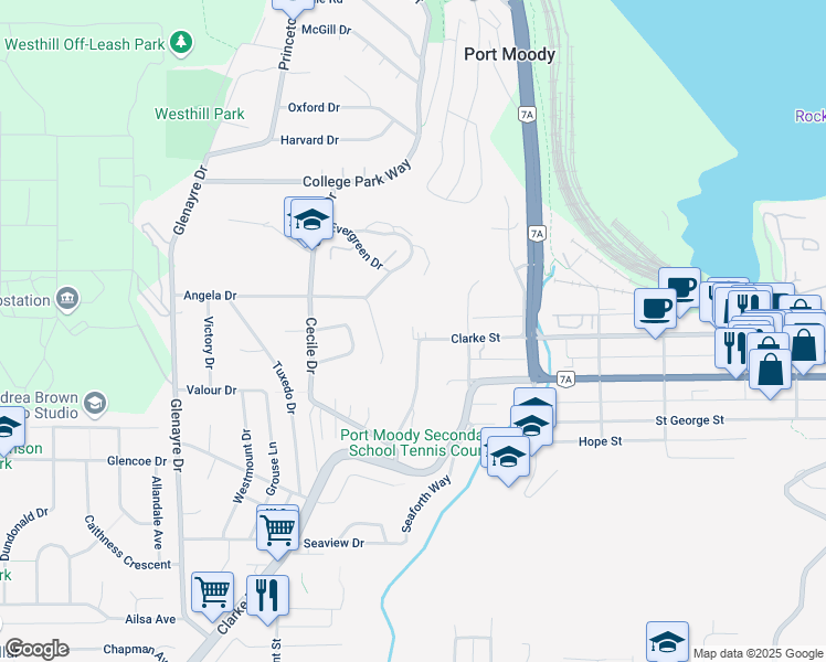 map of restaurants, bars, coffee shops, grocery stores, and more near 2502 Pacific Street in Port Moody