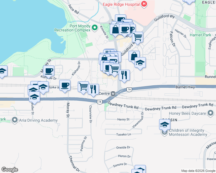 map of restaurants, bars, coffee shops, grocery stores, and more near in Port Moody