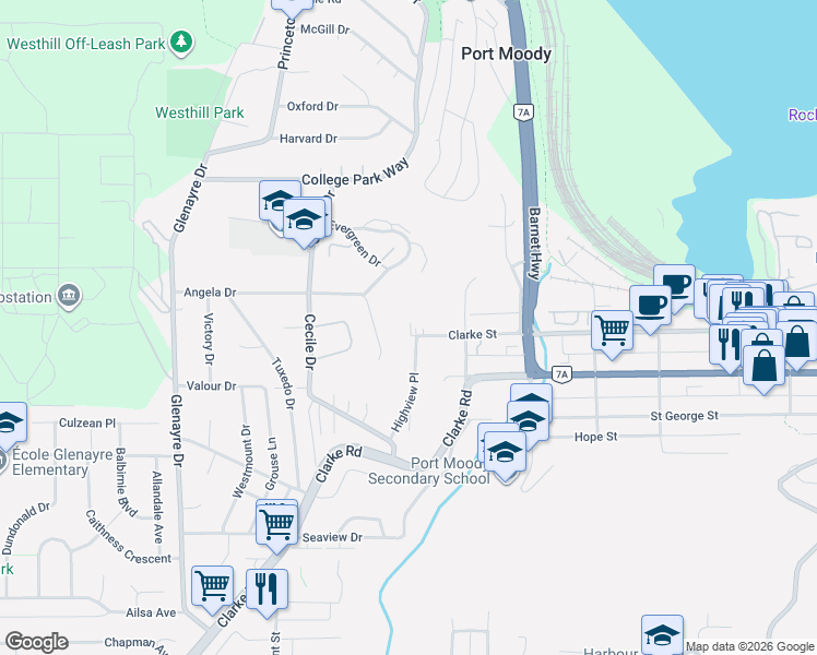 map of restaurants, bars, coffee shops, grocery stores, and more near 1912 Clarke Street in Port Moody