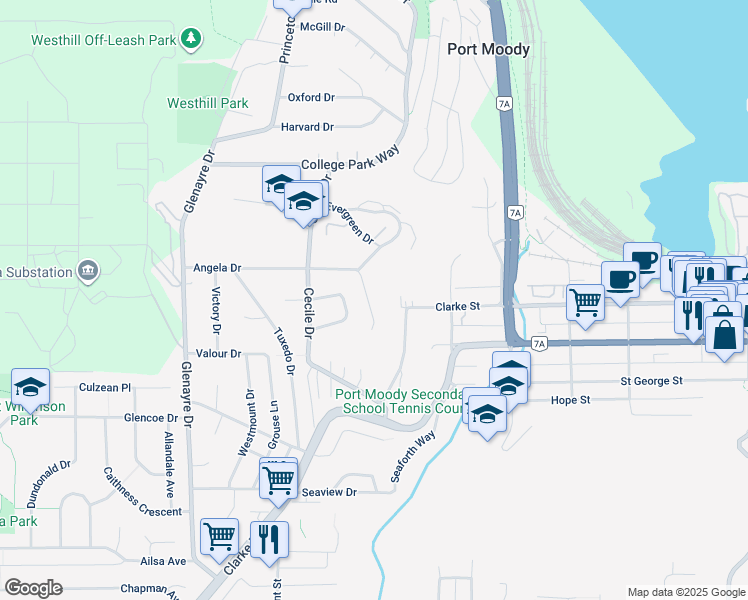 map of restaurants, bars, coffee shops, grocery stores, and more near 1166 Chateau Place in Port Moody