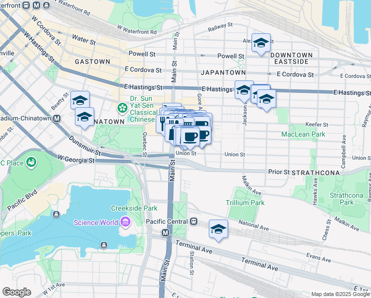 map of restaurants, bars, coffee shops, grocery stores, and more near 790 Main Street in Vancouver