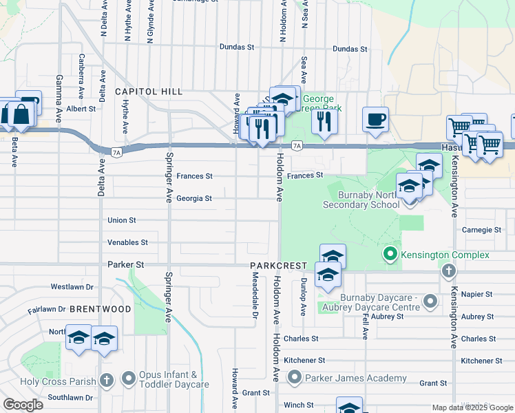 map of restaurants, bars, coffee shops, grocery stores, and more near 5608 Georgia Street in Burnaby