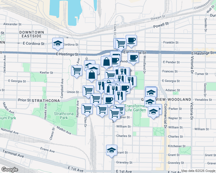 map of restaurants, bars, coffee shops, grocery stores, and more near in Vancouver