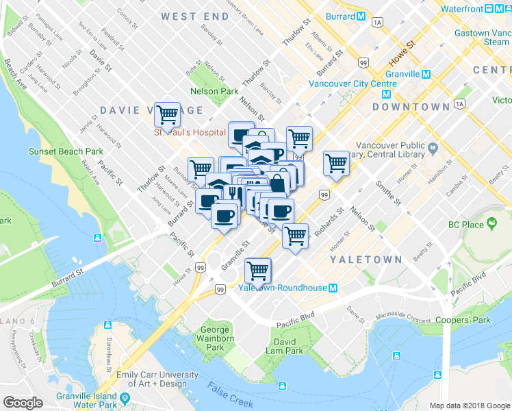 map of restaurants, bars, coffee shops, grocery stores, and more near in Vancouver