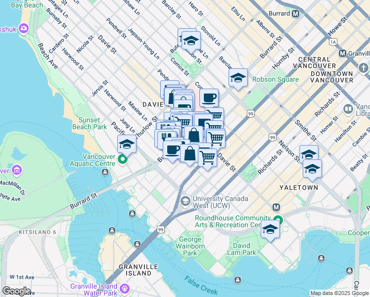 map of restaurants, bars, coffee shops, grocery stores, and more near in Vancouver
