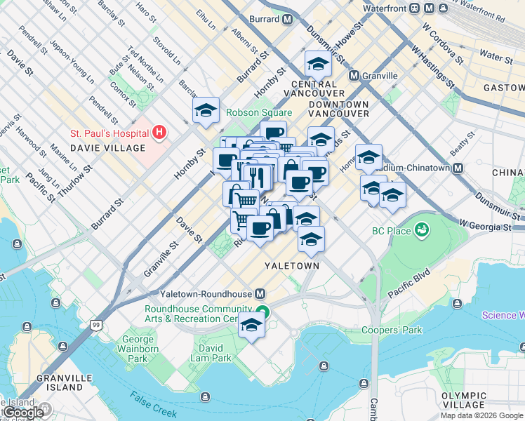 map of restaurants, bars, coffee shops, grocery stores, and more near 1001 Richards Street in Vancouver