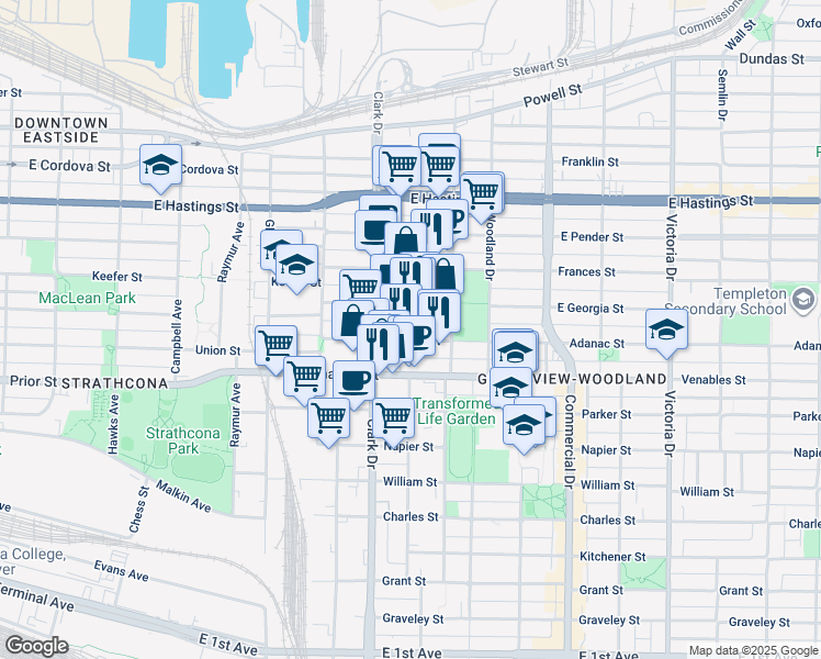 map of restaurants, bars, coffee shops, grocery stores, and more near 1335 Adanac Street in Vancouver