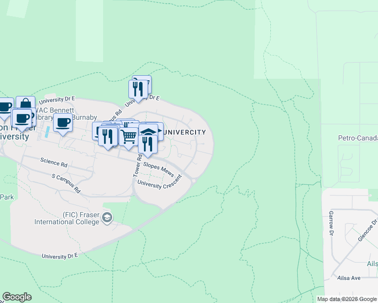 map of restaurants, bars, coffee shops, grocery stores, and more near 9319 University Crescent in Burnaby