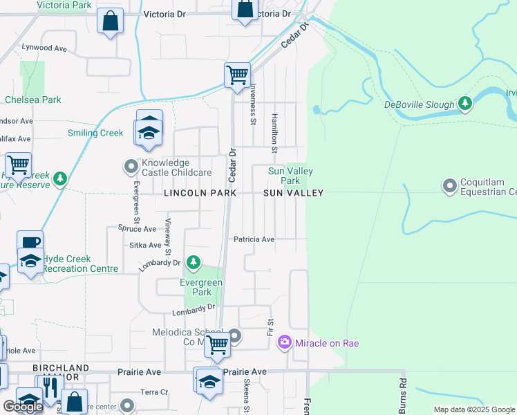 map of restaurants, bars, coffee shops, grocery stores, and more near 3676 Inverness Street in Port Coquitlam