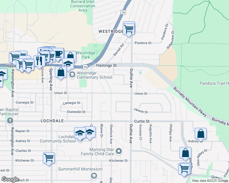 map of restaurants, bars, coffee shops, grocery stores, and more near 7113 Union Street in Burnaby