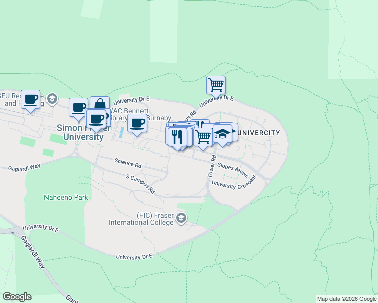 map of restaurants, bars, coffee shops, grocery stores, and more near 8982 University High Street in Burnaby