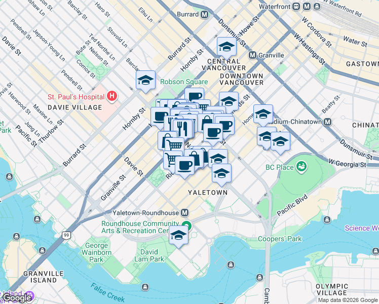 map of restaurants, bars, coffee shops, grocery stores, and more near 1001 Richards Street in Vancouver