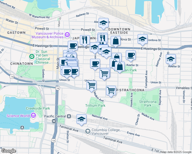 map of restaurants, bars, coffee shops, grocery stores, and more near 728 Jackson Avenue in Vancouver