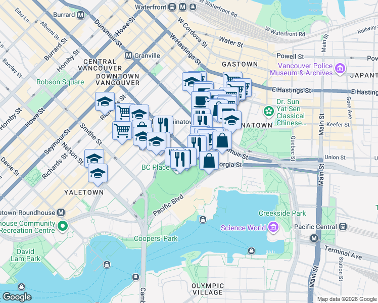 map of restaurants, bars, coffee shops, grocery stores, and more near 121 West Georgia Street in Vancouver