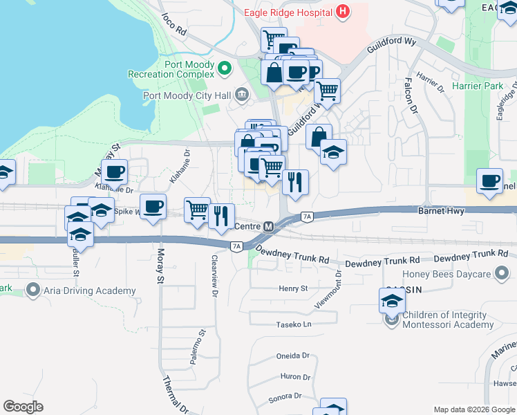 map of restaurants, bars, coffee shops, grocery stores, and more near 308 Morrissey Road in Port Moody