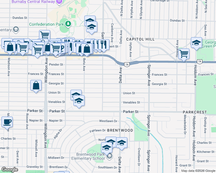 map of restaurants, bars, coffee shops, grocery stores, and more near 4820 Georgia Street in Burnaby