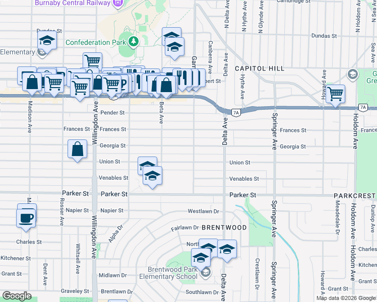 map of restaurants, bars, coffee shops, grocery stores, and more near 4782 Georgia Street in Burnaby