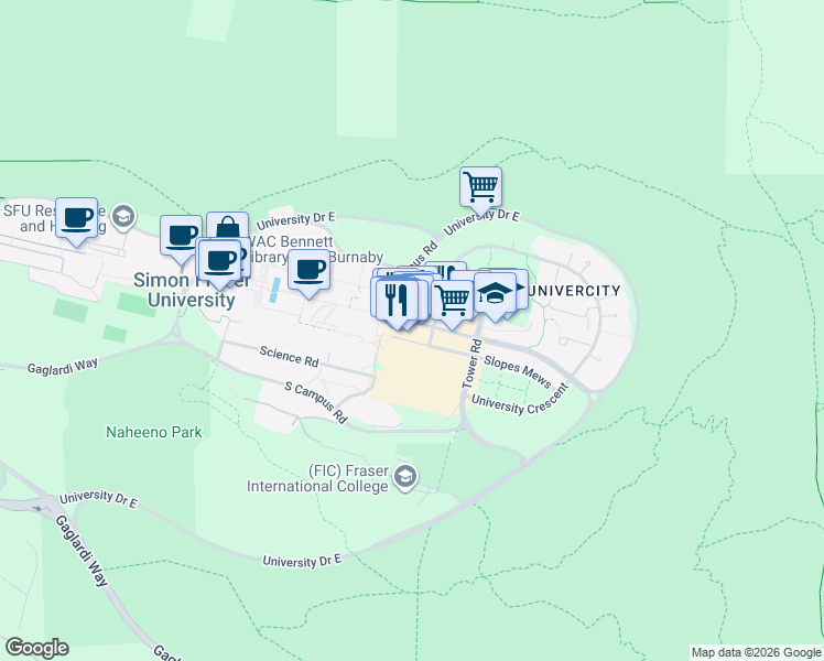 map of restaurants, bars, coffee shops, grocery stores, and more near 8950 University High Street in Burnaby