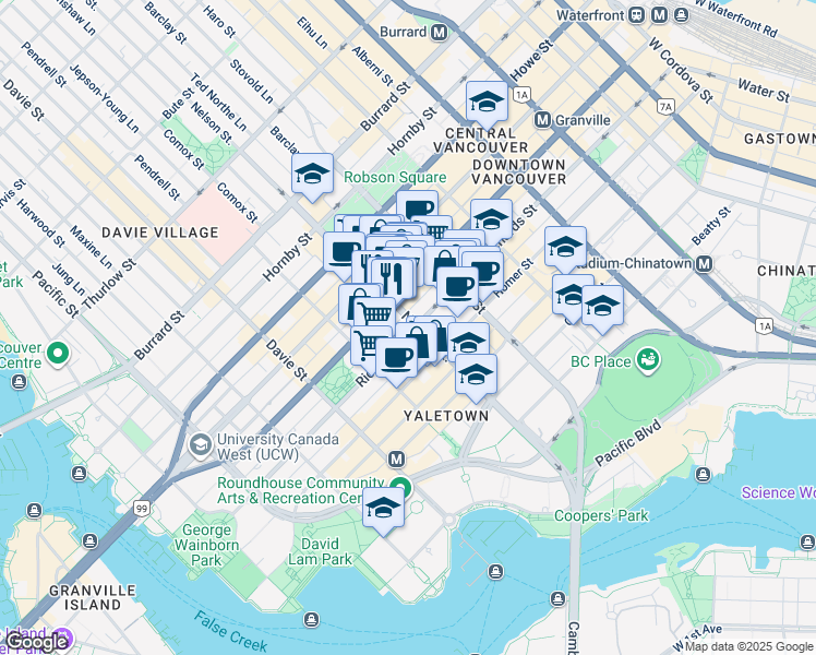 map of restaurants, bars, coffee shops, grocery stores, and more near 1001 Richards Street in Vancouver