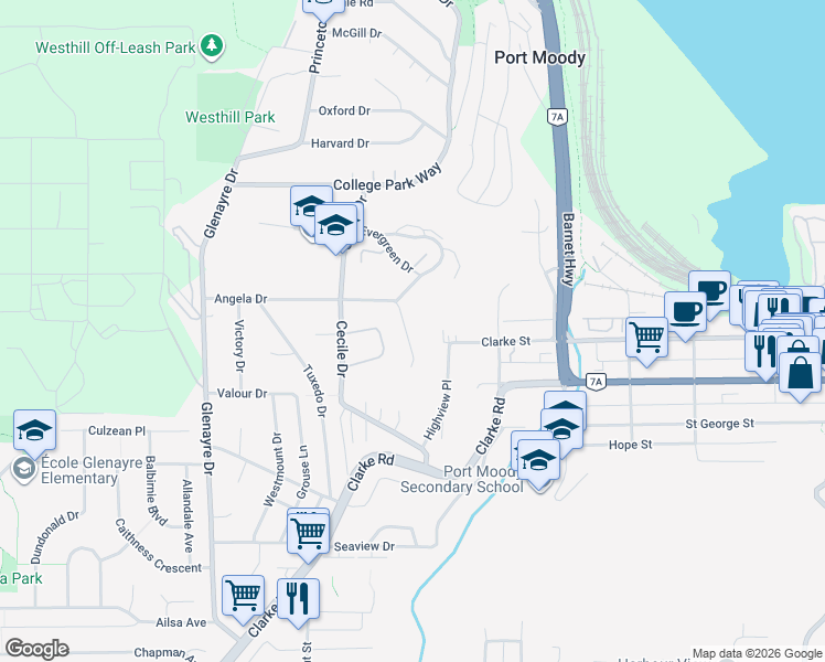 map of restaurants, bars, coffee shops, grocery stores, and more near 1174 Chateau Place in Port Moody