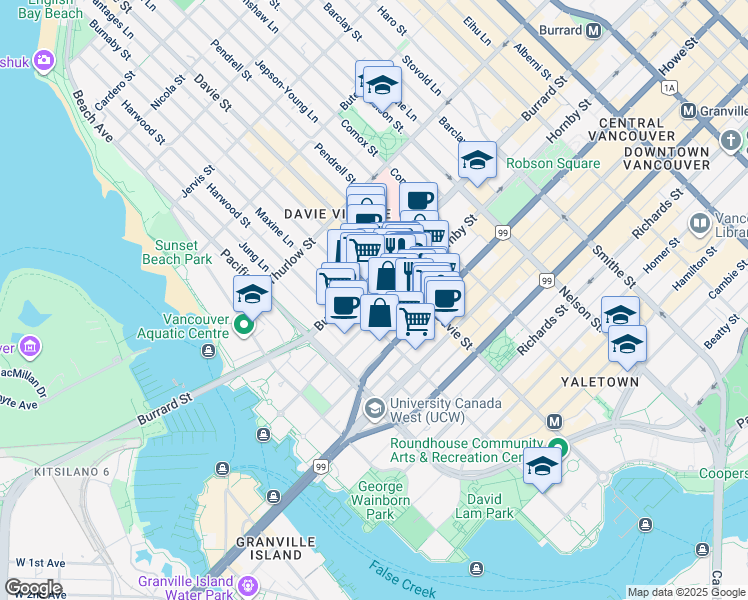 map of restaurants, bars, coffee shops, grocery stores, and more near in Vancouver