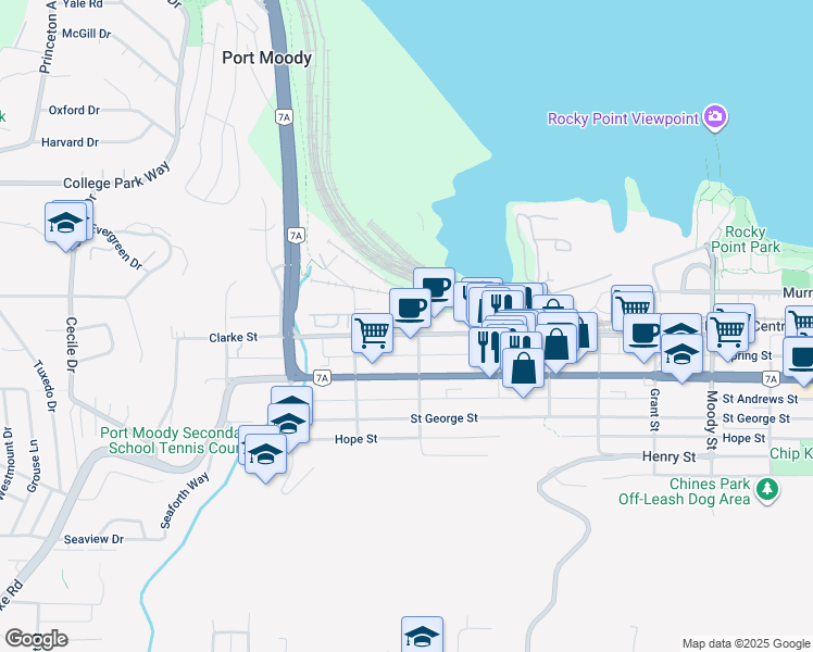 map of restaurants, bars, coffee shops, grocery stores, and more near 2226 Clarke Street in Port Moody