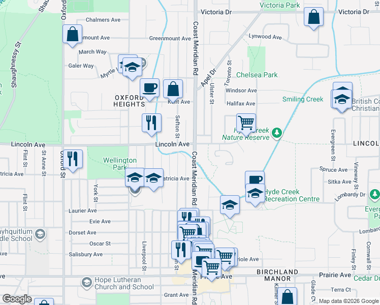 map of restaurants, bars, coffee shops, grocery stores, and more near 3687 Coast Meridian Road in Port Coquitlam