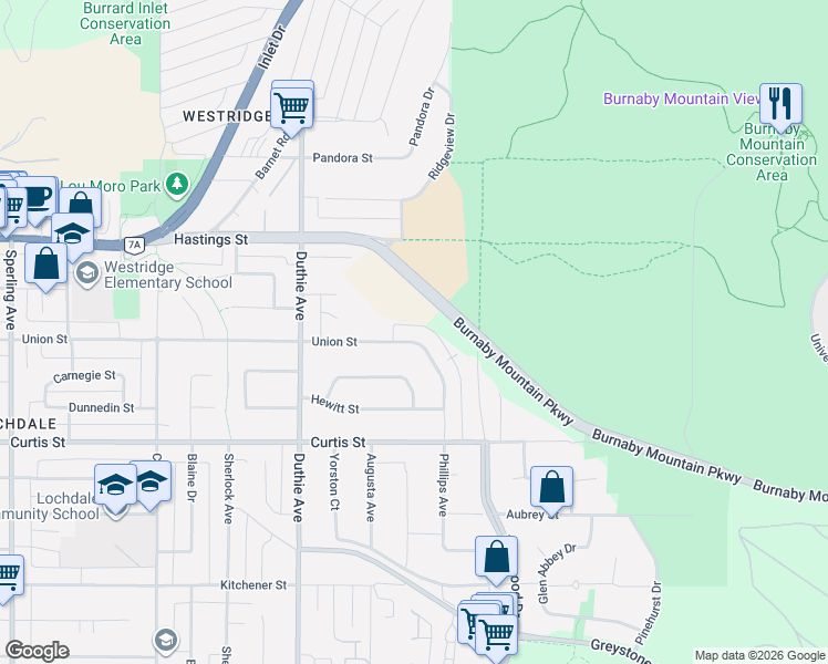 map of restaurants, bars, coffee shops, grocery stores, and more near 7353 Union Street in Burnaby