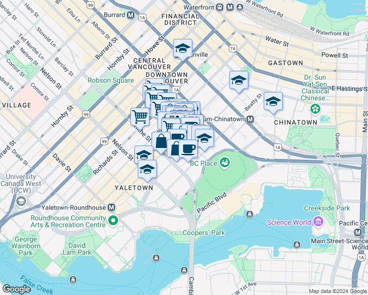 map of restaurants, bars, coffee shops, grocery stores, and more near 821 Cambie Street in Vancouver
