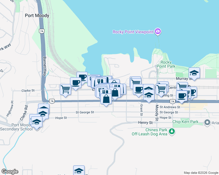 map of restaurants, bars, coffee shops, grocery stores, and more near 2400 Clarke Street in Port Moody