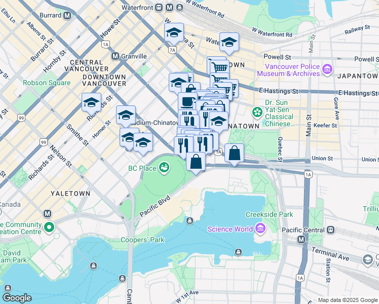 map of restaurants, bars, coffee shops, grocery stores, and more near 97 West Georgia Street in Vancouver