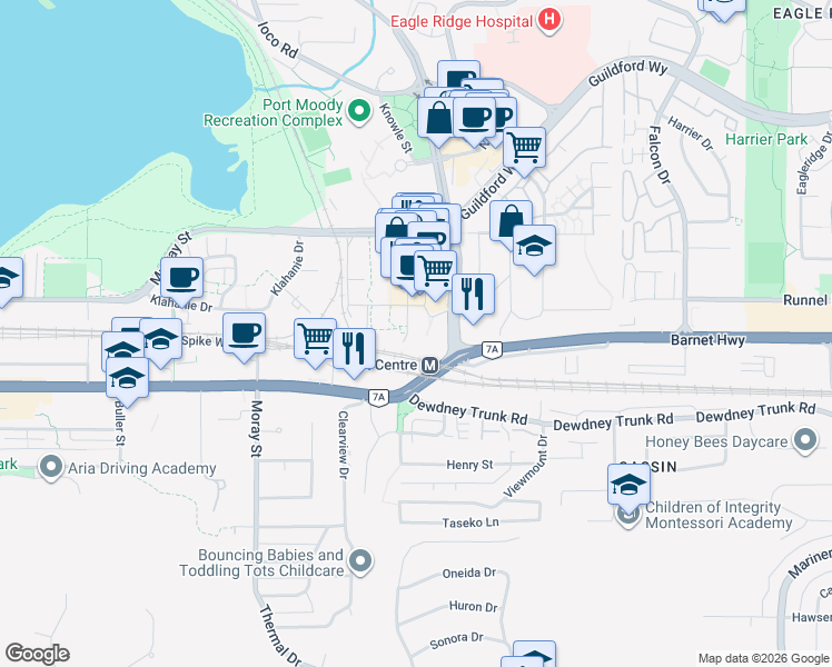 map of restaurants, bars, coffee shops, grocery stores, and more near in Port Moody