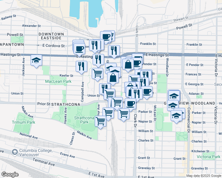map of restaurants, bars, coffee shops, grocery stores, and more near in Vancouver