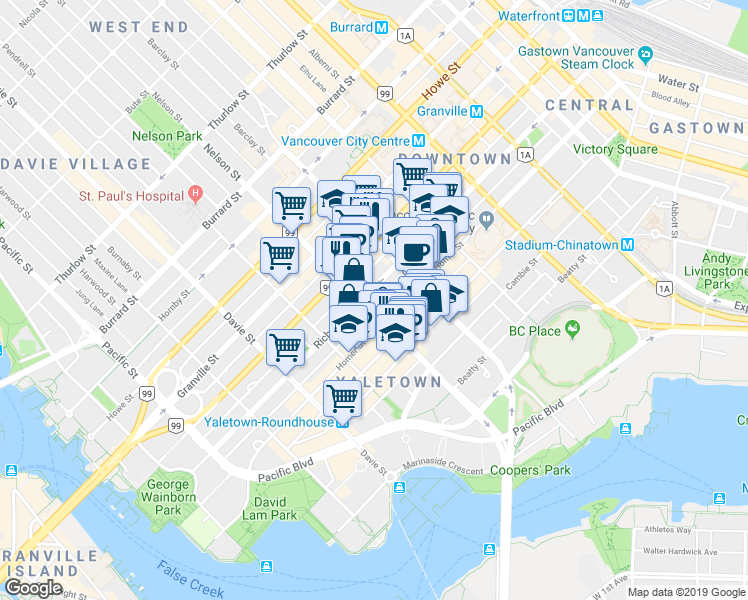 map of restaurants, bars, coffee shops, grocery stores, and more near 910 Richards Street in Vancouver