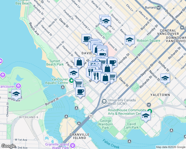 map of restaurants, bars, coffee shops, grocery stores, and more near 1009 Harwood Street in Vancouver