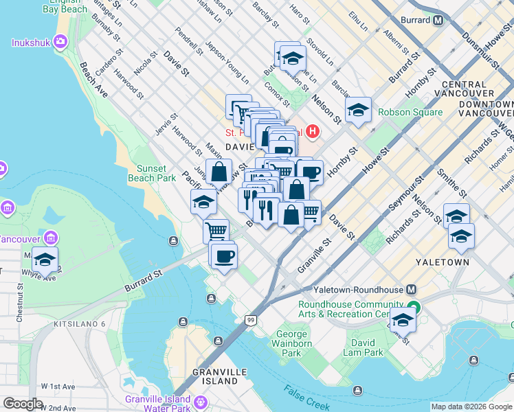 map of restaurants, bars, coffee shops, grocery stores, and more near 1009 Harwood Street in Vancouver