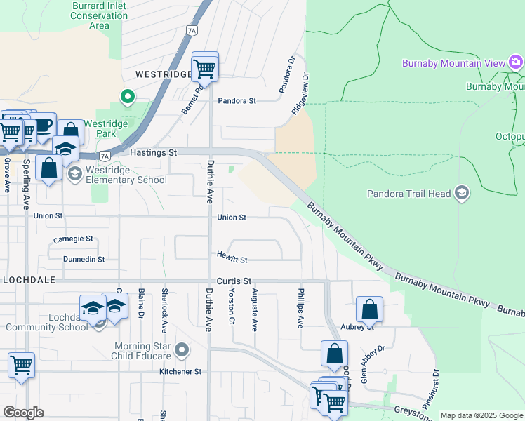 map of restaurants, bars, coffee shops, grocery stores, and more near 7321 Union Street in Burnaby