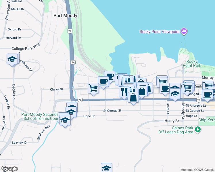 map of restaurants, bars, coffee shops, grocery stores, and more near 2226 Clarke Street in Port Moody