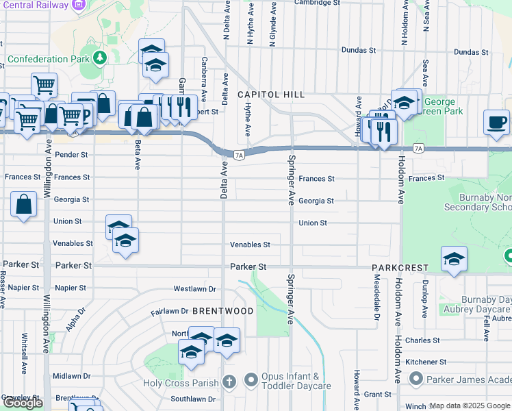 map of restaurants, bars, coffee shops, grocery stores, and more near 5030 Georgia Street in Burnaby