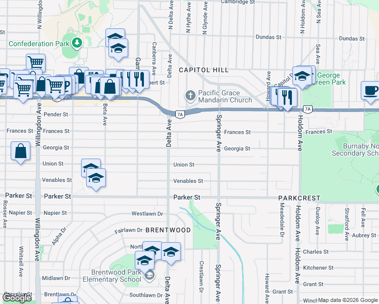 map of restaurants, bars, coffee shops, grocery stores, and more near 5020 Georgia Street in Burnaby