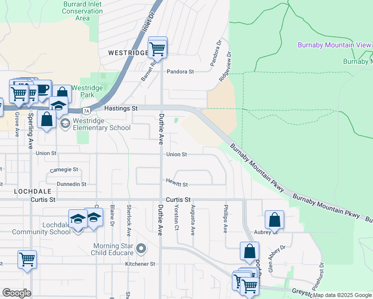map of restaurants, bars, coffee shops, grocery stores, and more near 7265 Union Street in Burnaby